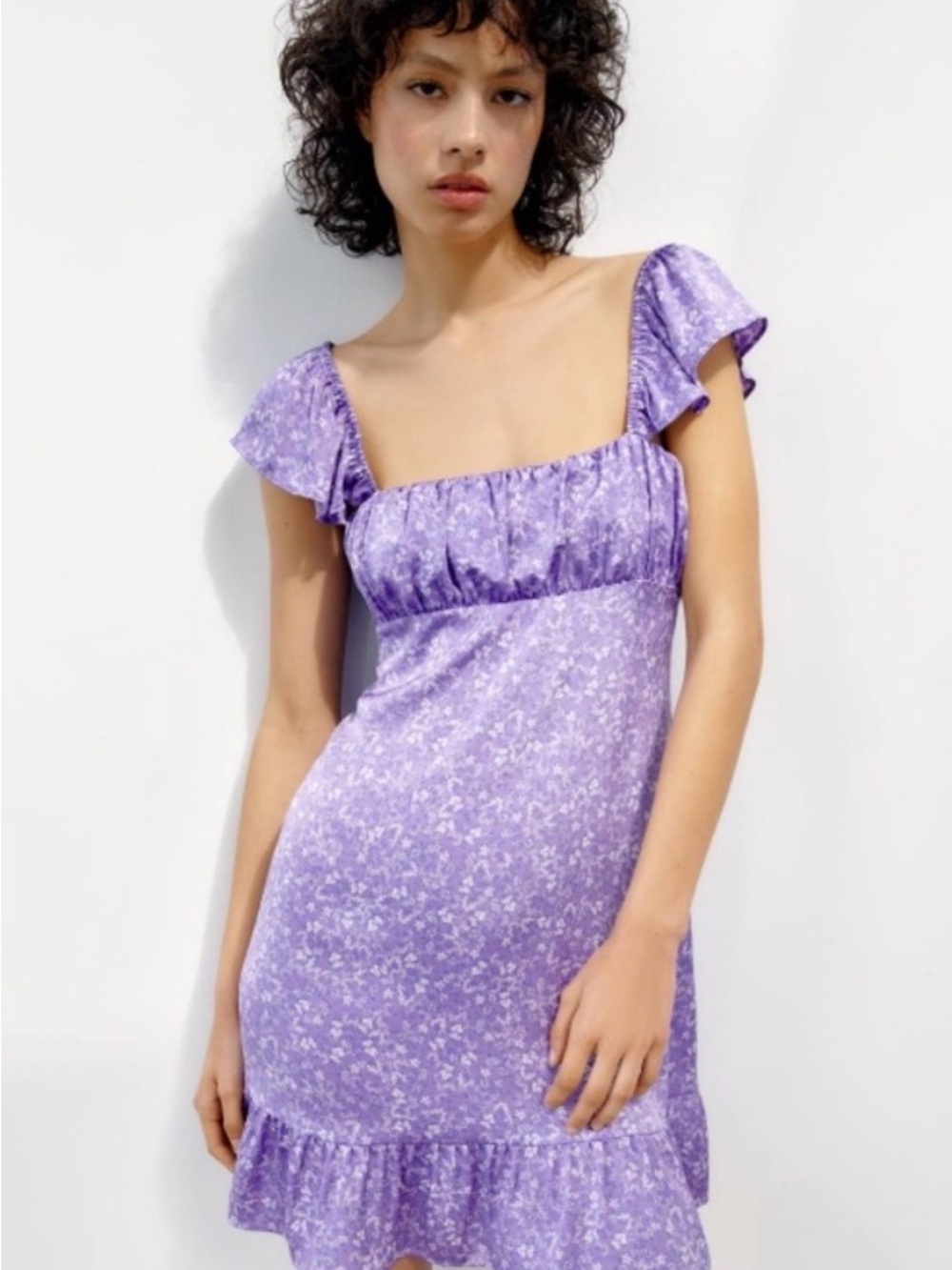 Zara Lilac Floral Square-Neck Mini Dress